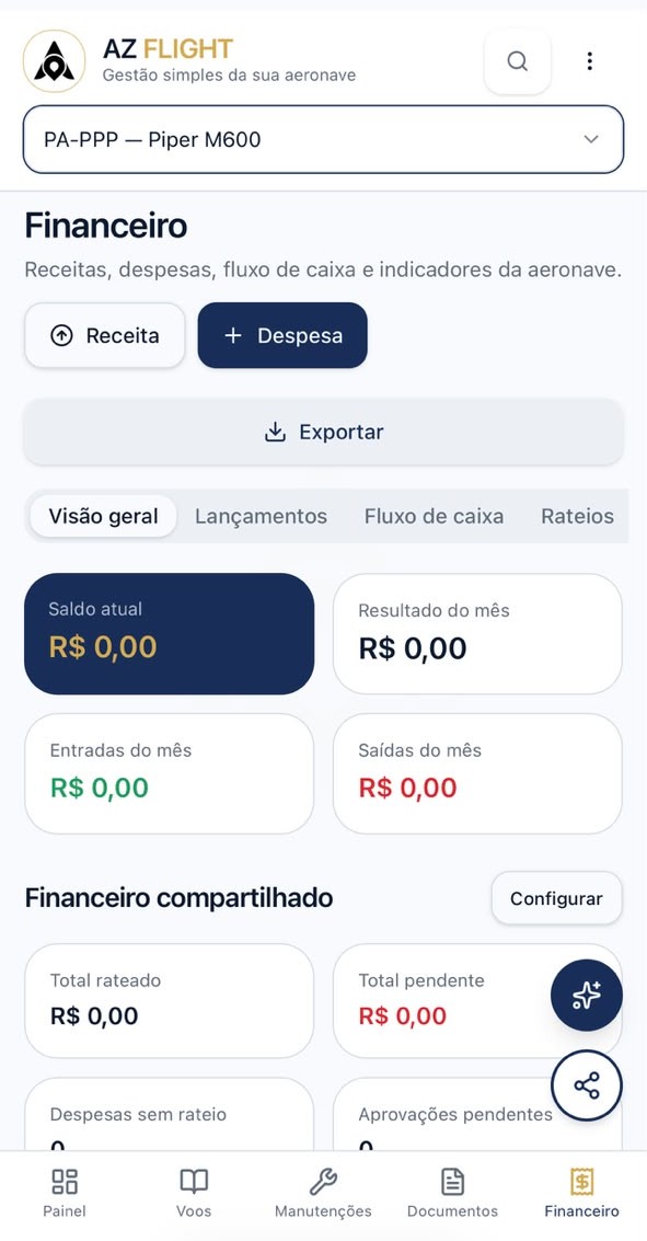 Tela financeira do AZ FLIGHT em smartphone, com saldo, receitas e despesas da aeronave